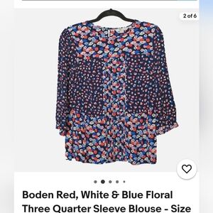 Boden Navy Floral Blouse with Red and White Accents